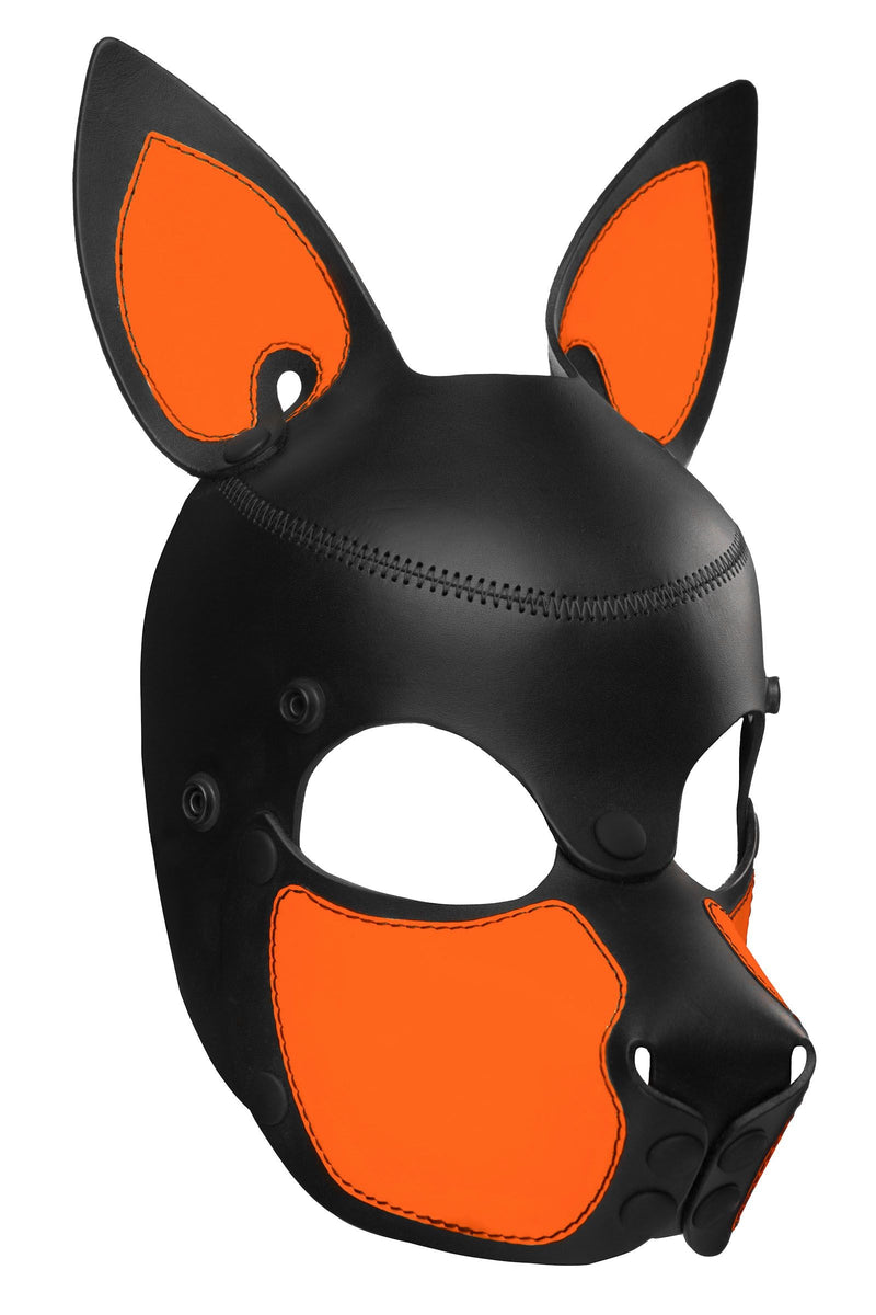 Three-quarter view of an Australian made leather pup mask with fluorescent orange ears, and matte black rivets.