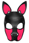 Front view of an all-leather ARMY OF MEN pup mask with neon pink snout and ears, and matte black rivets.