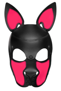 Front view of an all-leather ARMY OF MEN pup mask with neon pink snout and ears, and matte black rivets.