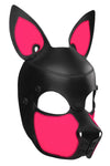 Three-quarter view of ARMY OF MEN all leather SCOUT pup mask with fluorescent pink detailing on the ears and snout.