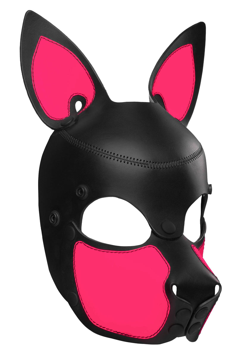 Three-quarter view of ARMY OF MEN all leather SCOUT pup mask with fluorescent pink detailing on the ears and snout.