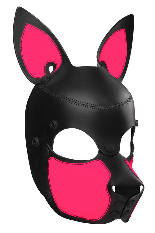 Three-quarter view of ARMY OF MEN all leather SCOUT pup mask with fluorescent pink detailing on the ears and snout.
