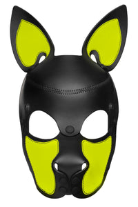 Front view of an Australian made black leather pup mask with neon yellow snot and ears, and matte black hardware.
