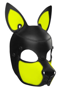 Three-quarter view of an original ARMY OF MEN leather SCOUT pup mask with fluorescent yellow ears and snout.