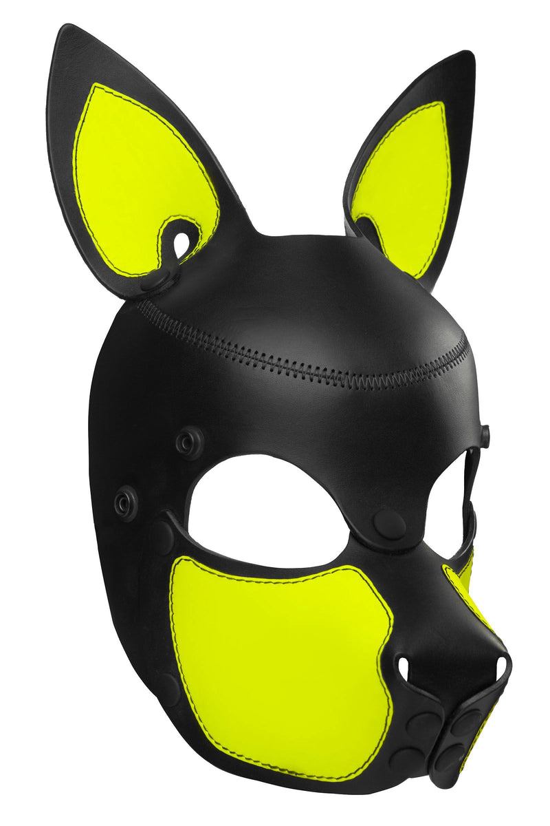 Three-quarter view of an original ARMY OF MEN leather SCOUT pup mask with fluorescent yellow ears and snout.