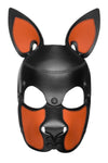 Front view of an ARMY OF MEN leather pup mask with orange detail on the cute pointy ears and snout.