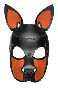 Front view of an ARMY OF MEN leather pup mask with orange detail on the cute pointy ears and snout.