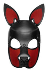 Front on product photo of an Australian made red and black leather SCOUT pup mask with matte black metal rivets.