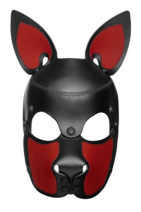 Front on product photo of an Australian made red and black leather SCOUT pup mask with matte black metal rivets.