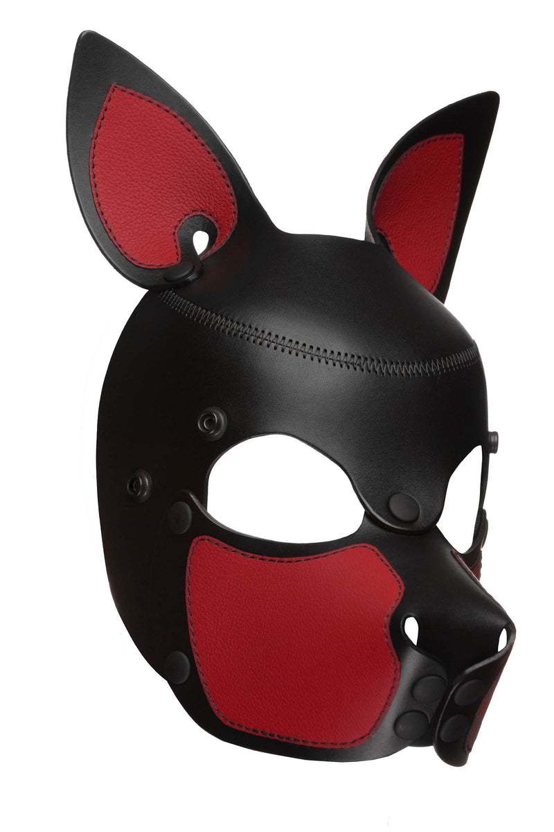 Three-quarter view of a quality black and red leather SCOUT pup mask highlighting the matte black metal hardware.