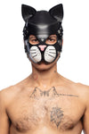Viewed front on, from the chest up, an attractive man models a black all leather cat hood with stainless steel detailing.