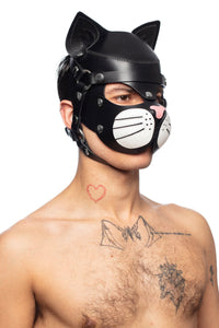 Bare-chested man wearing only an all leather ARMY OF MEN cat hood, with white whisker pads and stainless steel hardware.