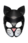 Front view of a black leather ARMY OF MEN cat mask with stainless steel snap caps and white whisker pads.