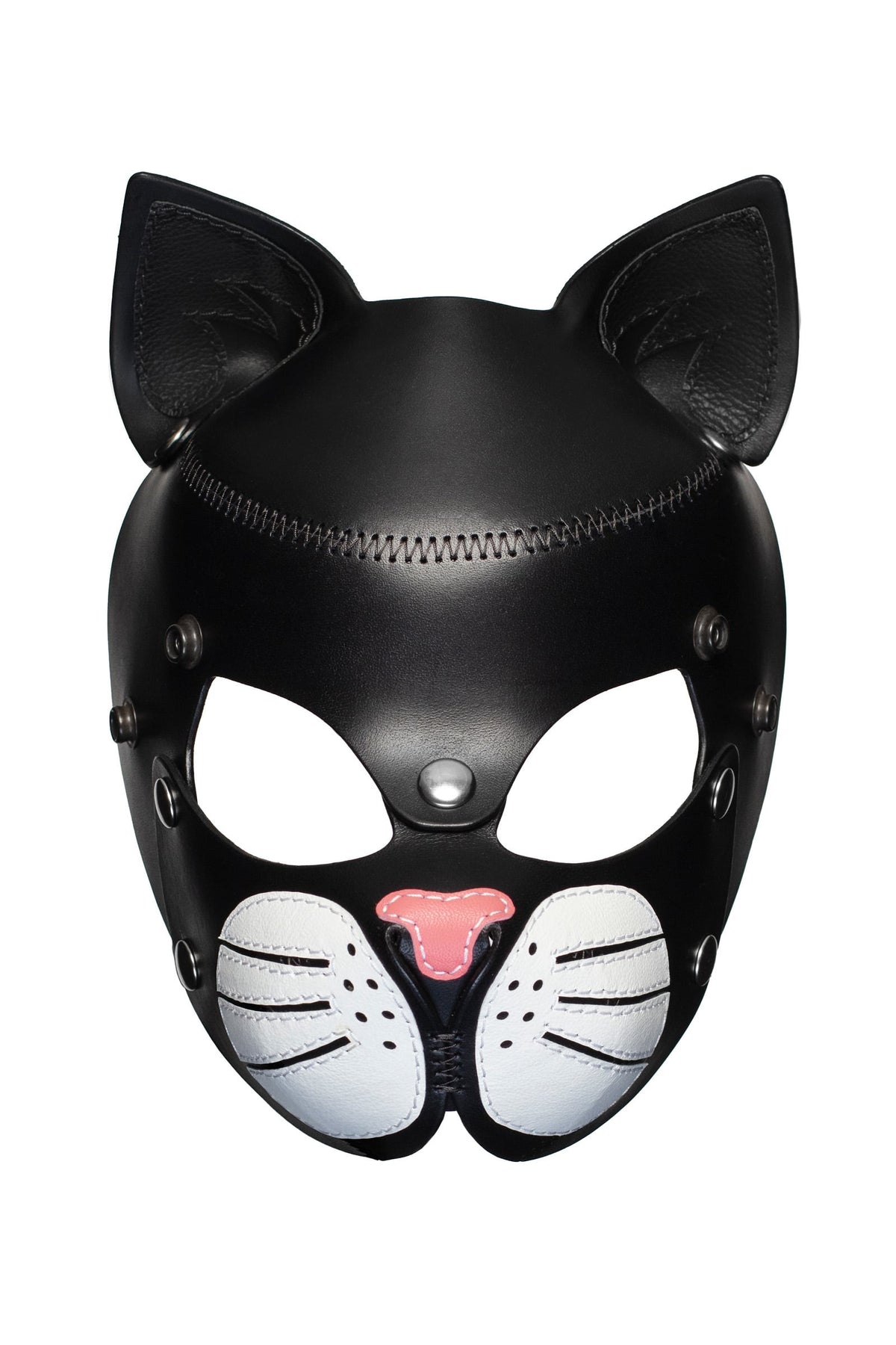 Front view of a black leather ARMY OF MEN cat mask with stainless steel snap caps and white whisker pads.