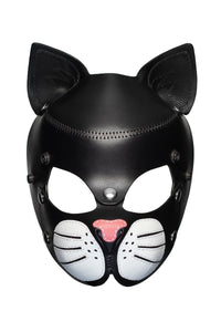 Front view of a black leather ARMY OF MEN cat mask with stainless steel snap caps and white whisker pads.