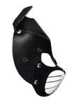 Side profile of a black leather TOMCAT mask with stainless steel hardware, white whisker pads, and a pink nose.