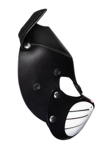 Side profile of a black leather TOMCAT mask with stainless steel hardware, white whisker pads, and a pink nose.