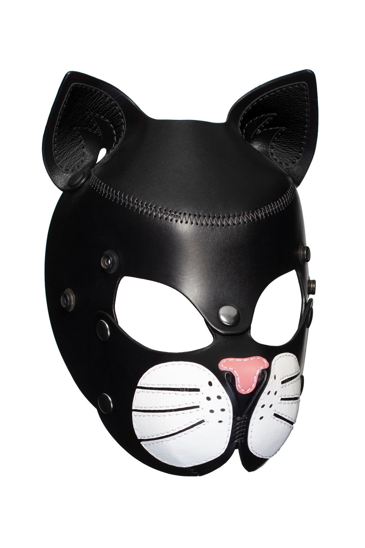 Three-quarter product photo of black leather TOMCAT mask with silver hardware and soft pink nose.