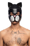 Portrait photo of a male model sporting a striking black leather TOMCAT hood, with white whisker pads, and a soft pink nose.
