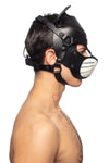 Caught in a striking side pose, the male model is styled in an all leather ARMY OF MEN cat hood, with white whisker pads.