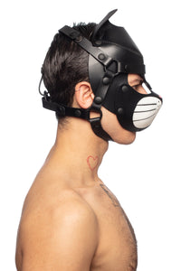Caught in a striking side pose, the male model is styled in an all leather ARMY OF MEN cat hood, with white whisker pads.