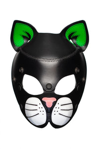 Front-facing TOMCAT mask with neon green ears and soft pink nose.