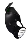 Side view of a leather TOMCAT mask with fluorescent green ears, white whisker pads, and pink nose.