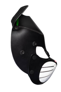Side view of a leather TOMCAT mask with fluorescent green ears, white whisker pads, and pink nose.