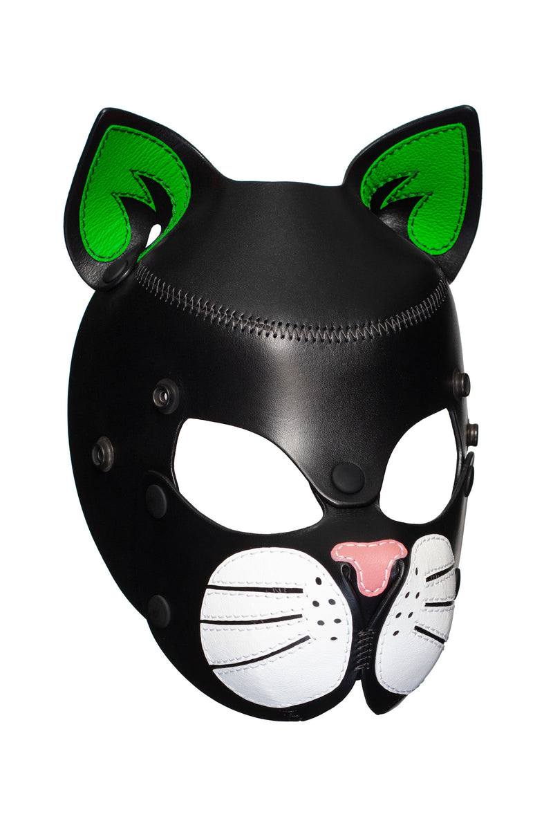 Three-quarter product view of ARMY OF MEN mask with fluorescent green ears and white whisker pads.