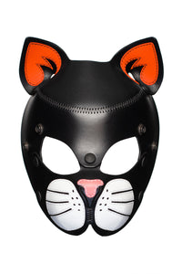 Front product photo of a TOMCAT mask with neon orange ears and white whisker pads.