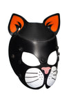 Three-quarter view of leather mask with fluorescent orange ears and pink nose.