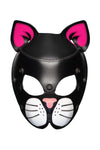Front view of an all-leather ARMY OF MEN cat mask with neon pink ears and soft pink nose.