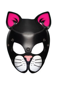 Front view of an all-leather ARMY OF MEN cat mask with neon pink ears and soft pink nose.