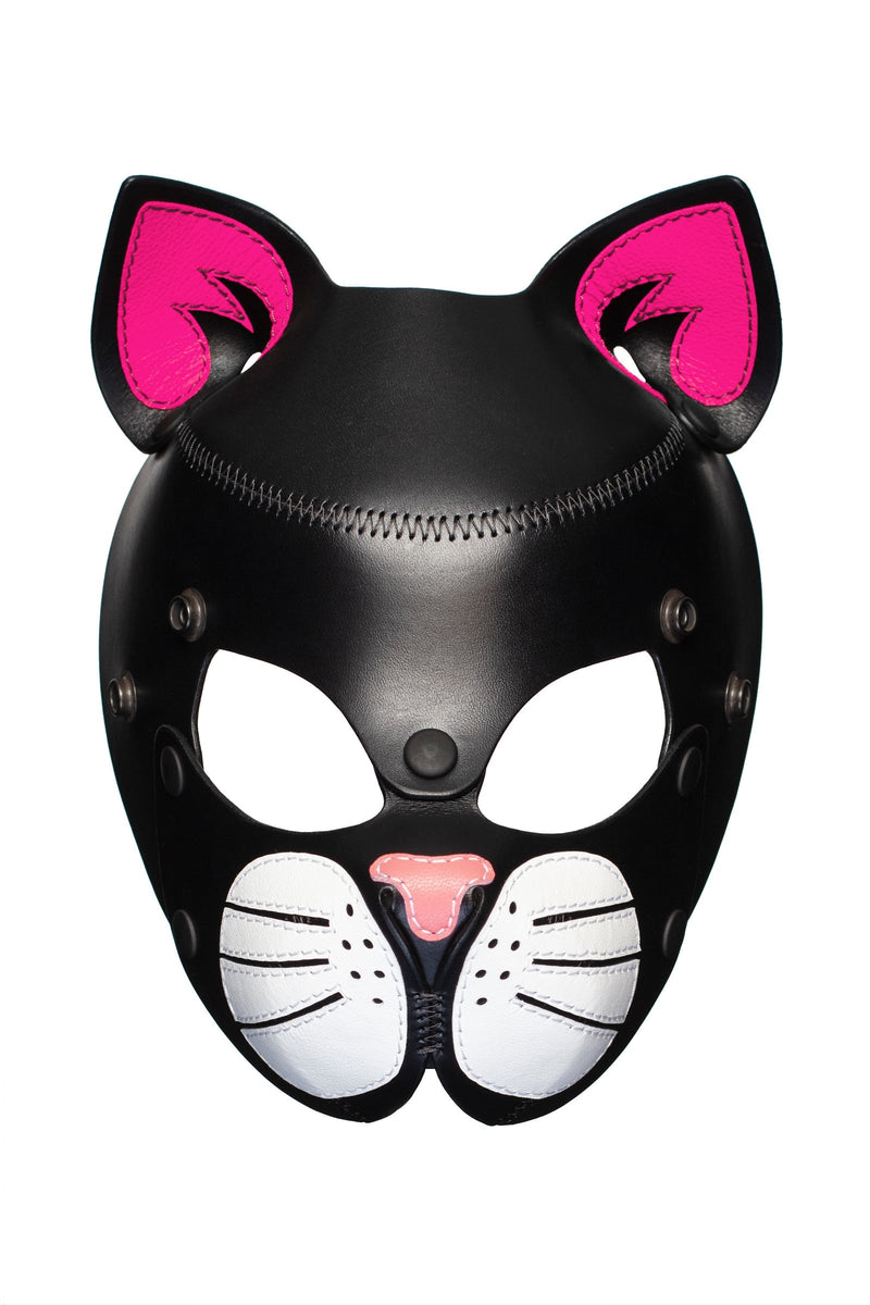 Front view of an all-leather ARMY OF MEN cat mask with neon pink ears and soft pink nose.