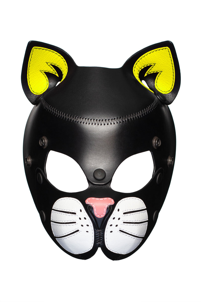 Front view product image of leather mask with neon yellow ears and soft pink nose.