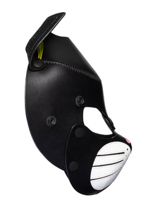 Side angle of a TOMCAT mask with fluorescent yellow ears, white whisker pads, and pink nose.