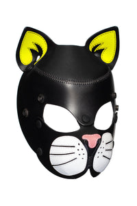 Three-quarter view of ARMY OF MEN TOMCAT mask with fluorescent yellow ears and white whisker pads.