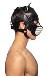 A toned male model, captured in profile. He is wearing a leather ARMY OF MEN cat hood, with white ears and whisker pads.
