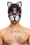 Attractive man modelling a black leather ARMY OF MEN TOMCAT hood with white ears and whisker pads. Front view.