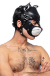 Angled view of a tattooed model in an all leather ARMY OF MEN cat hood with white leather and stainless steel detailing.