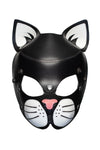 Front product photo of leather ARMY OF MEN TOMCAT mask with white whisker pads and stainless steel detailing.
