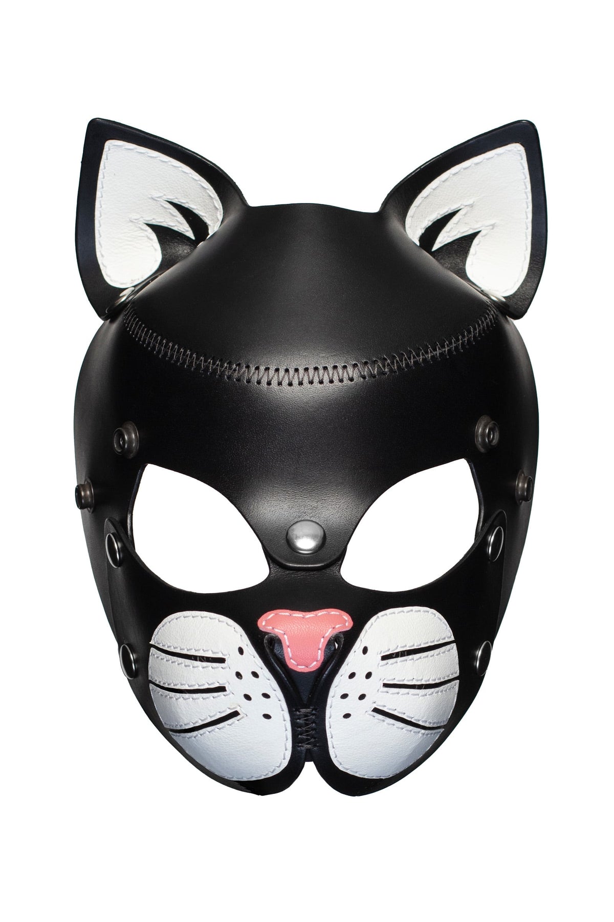 Front product photo of leather ARMY OF MEN TOMCAT mask with white whisker pads and stainless steel detailing.