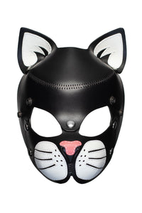 Front product photo of leather ARMY OF MEN TOMCAT mask with white whisker pads and stainless steel detailing.