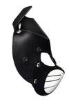 Side view of a black leather TOMCAT mask with stainless steel snap caps, white whisker pads, and a soft pink nose.