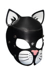 Three-quarter view of white leather cat mask with stainless steel snaps and white whisker pads.