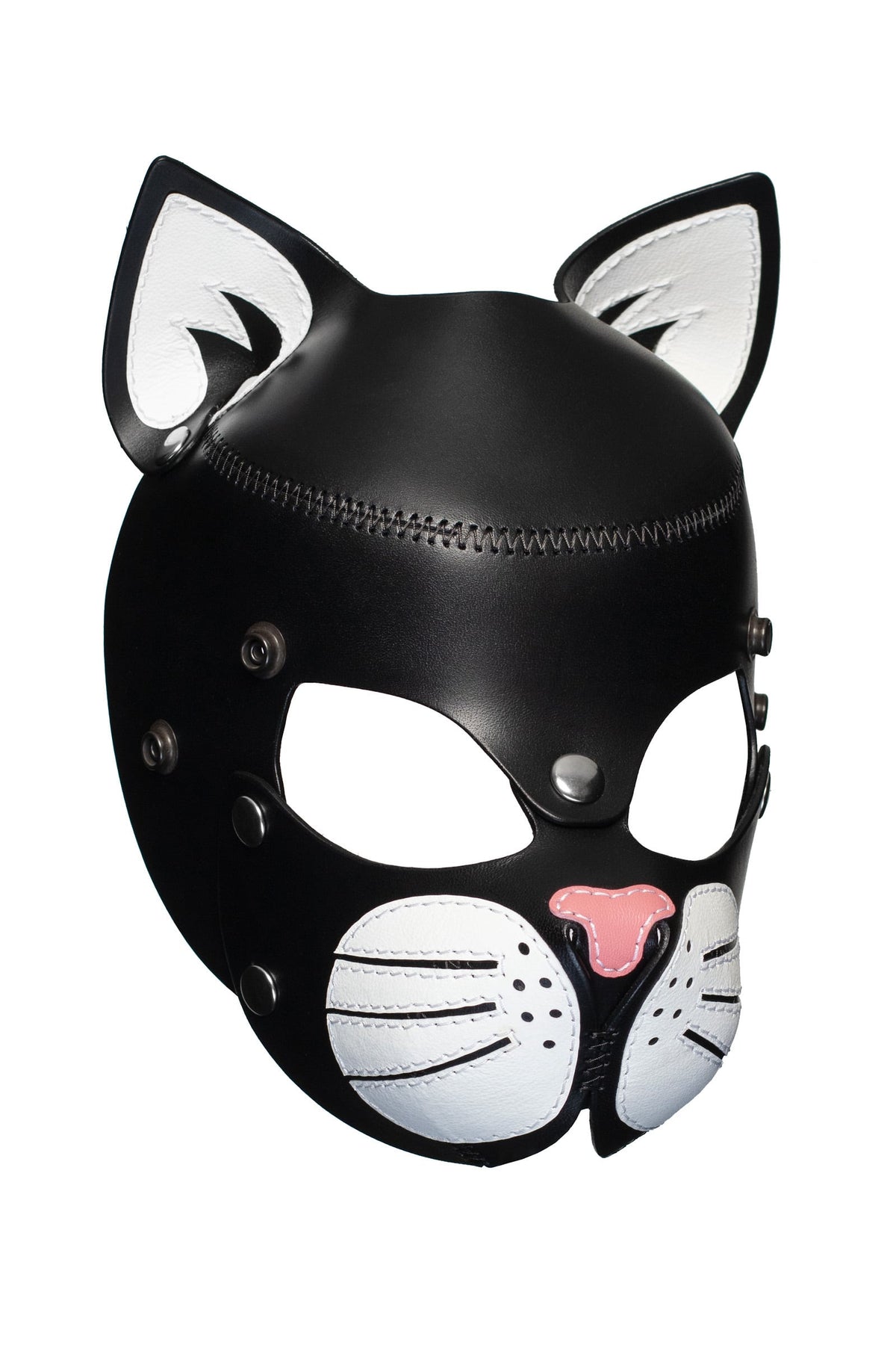 Three-quarter view of white leather cat mask with stainless steel snaps and white whisker pads.