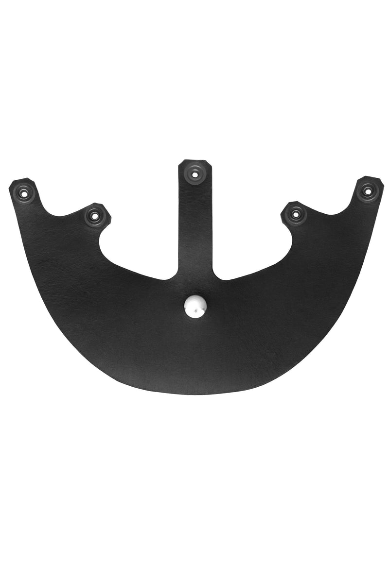 Overhead view of a handmade ARMY OF MEN HEAD HARNESS VISOR - Stainless Steel with stainless steel snap.