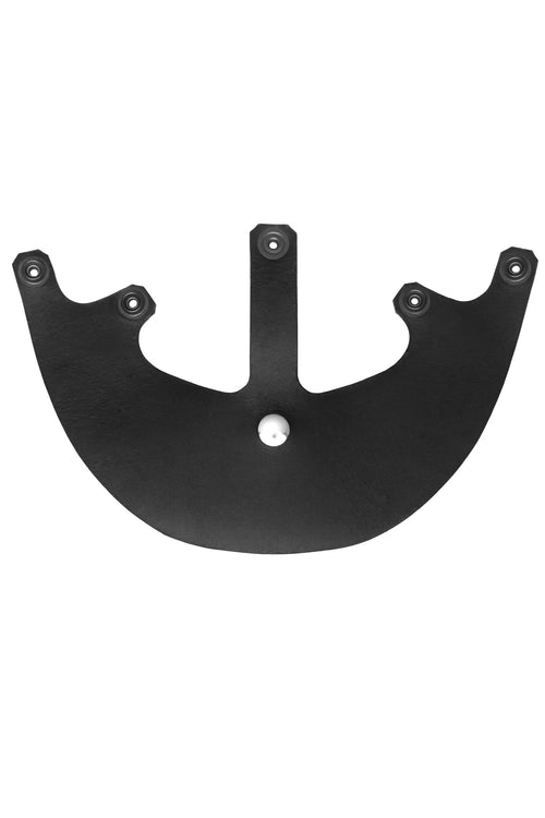 Overhead view of a handmade ARMY OF MEN HEAD HARNESS VISOR - Stainless Steel with stainless steel snap.