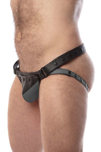 Australian made grey and black leather Chevron jock with black hardware on a thick model, seen in a three-quarter profile.