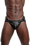 Male model in an Australian made ARMY OF MEN black leather Combat jockstrap with matte black hardware, front facing view.
